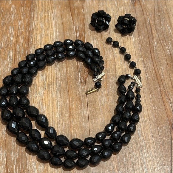 Vintage Germany Black 3 Strand Beaded Necklace. Choker & Matching Earrings set - Picture 4 of 16